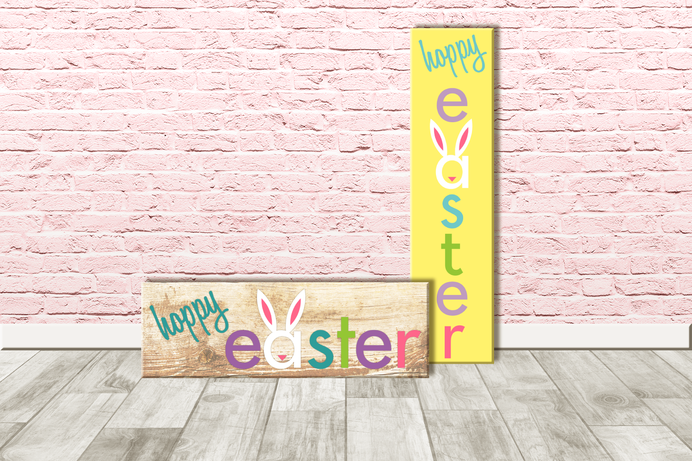 Vertical and horizontal sings that say "hoppy easter" with a stylized to look like a bunny face.