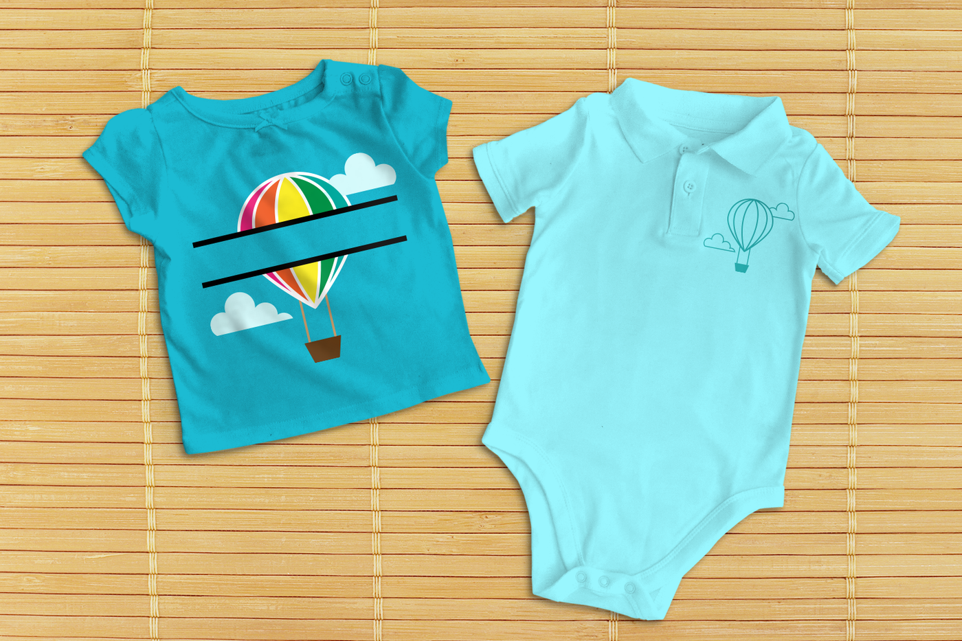 Two children's shirts. Each has a hot air balloon with clouds. One has a split in the middle.