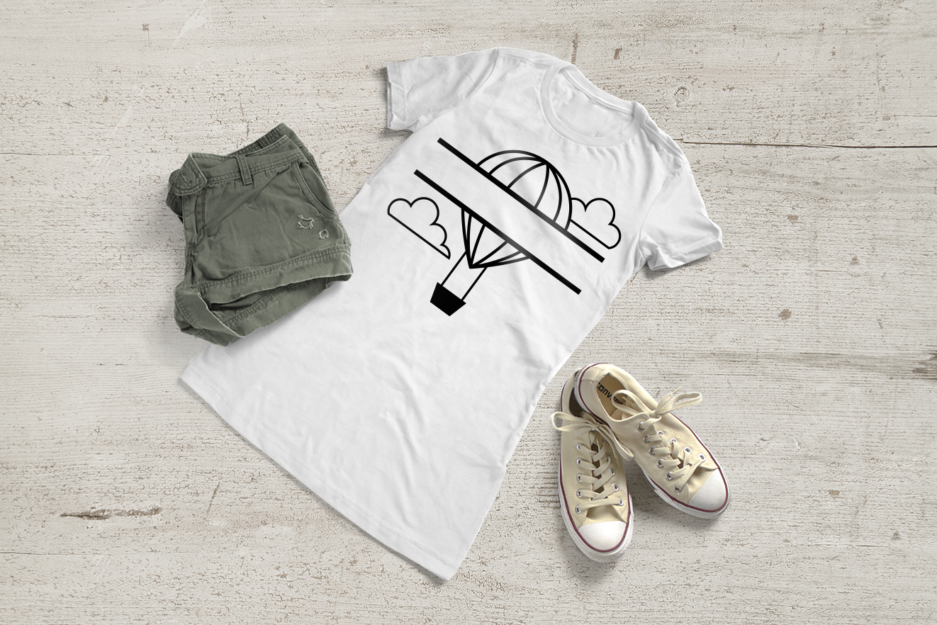 White tee with a single color hot air balloon split design.