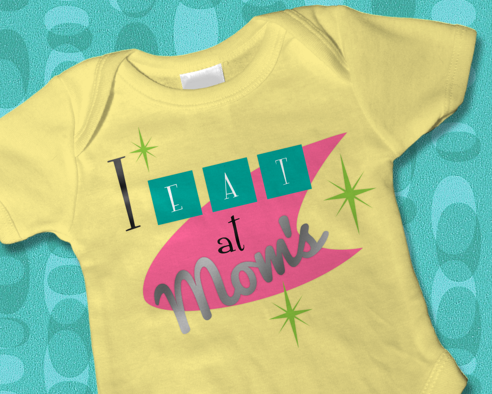 Baby onesie with a design resembling a 1950s diner sign that says "I eat at Mom's"