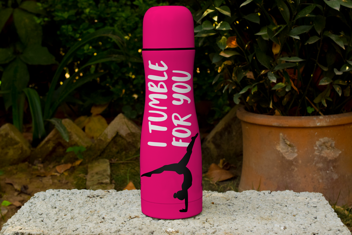 Water bottle with a tumbling gymnast and the words "I tumble for you"