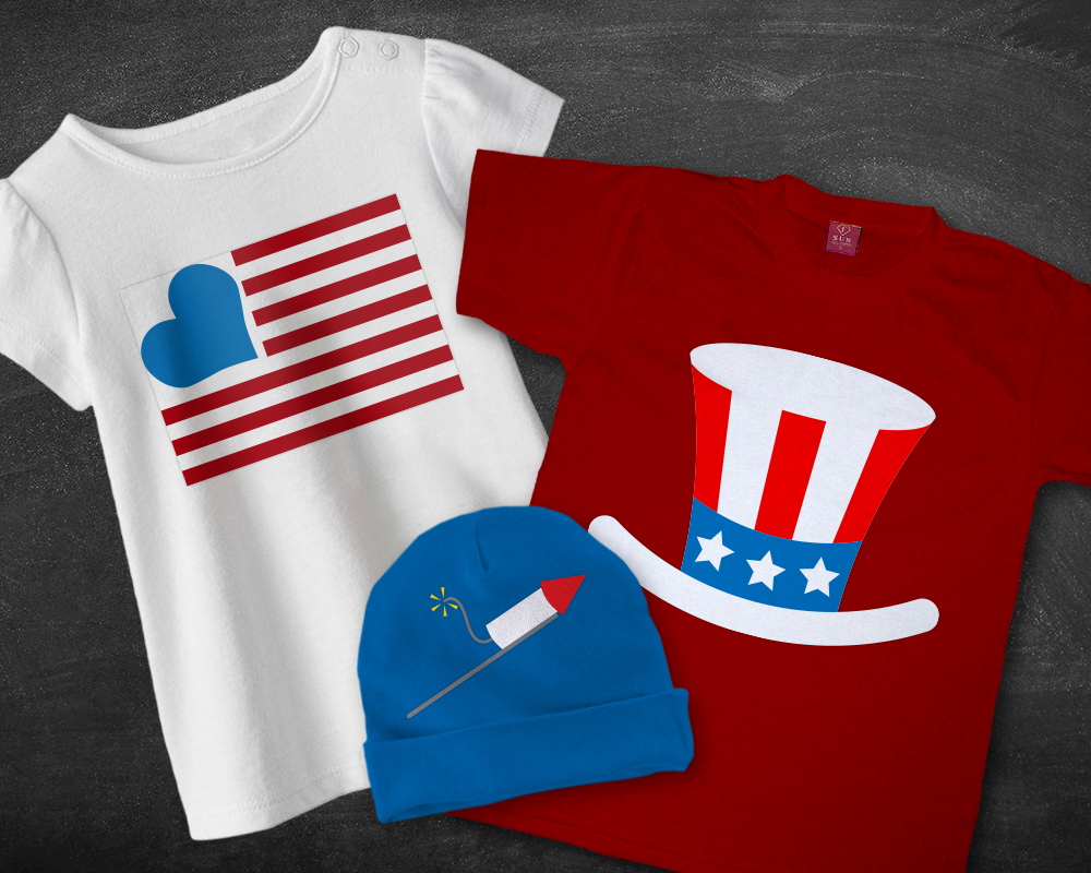 Two shirts and a baby hat. One shirt has a blue heart with red stripes in the style of a flag. The other shirt has an Uncle Sam hat. The baby hat has a bottle rocket.