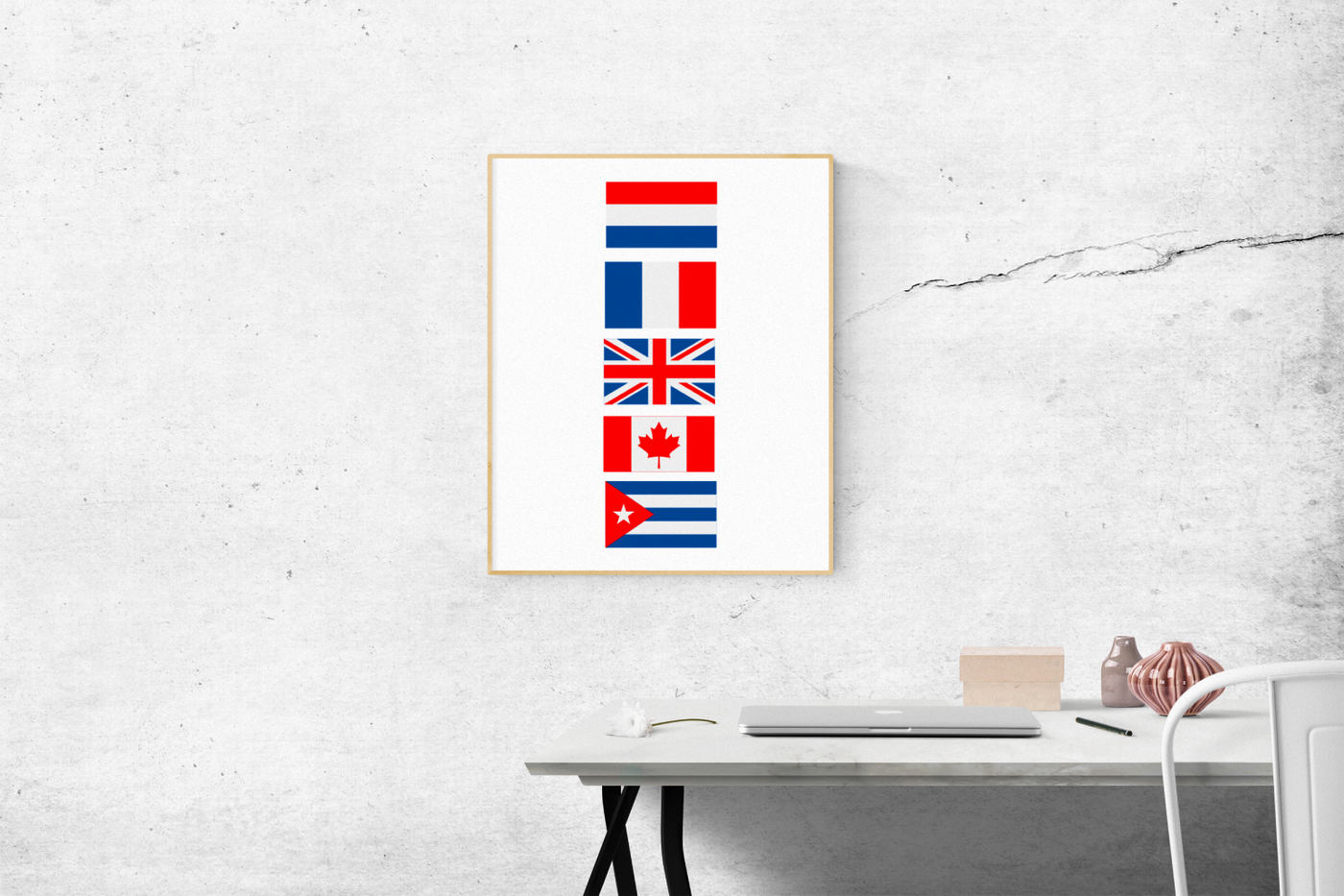 Poster of 5 international flags: Netherlands, France, United Kingdom, Canada, and Cuba.