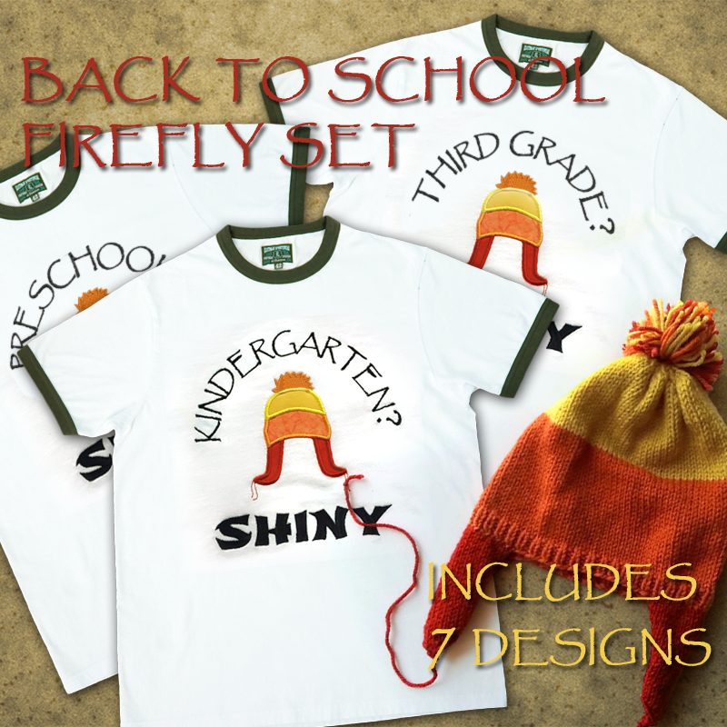 Three ringer tees with green collars. Each has an applique of a tri-colored winter hat in orange, yellow, and red. The front shirt says "Kindergarten? Shiny." The others are similar, but for Preschool and Third Grade. At the right is a real knit winter hat in the same style. On top of the image it says "Back to school Firefly set Includes 7 Designs"