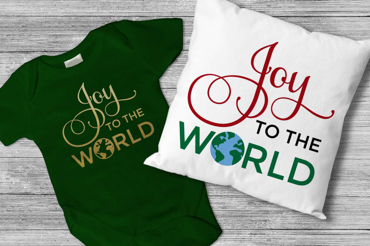 Throw pillow and baby onesie with a "Joy to the World" design. The last O is the Earth.
