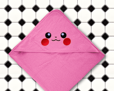 Hooded towel with embroidered kawaii animal face design
