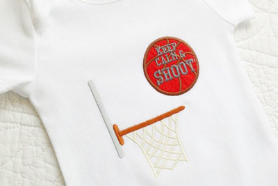 Applique design says "keep calm & shoot" with a basketball heading toward a hoop.