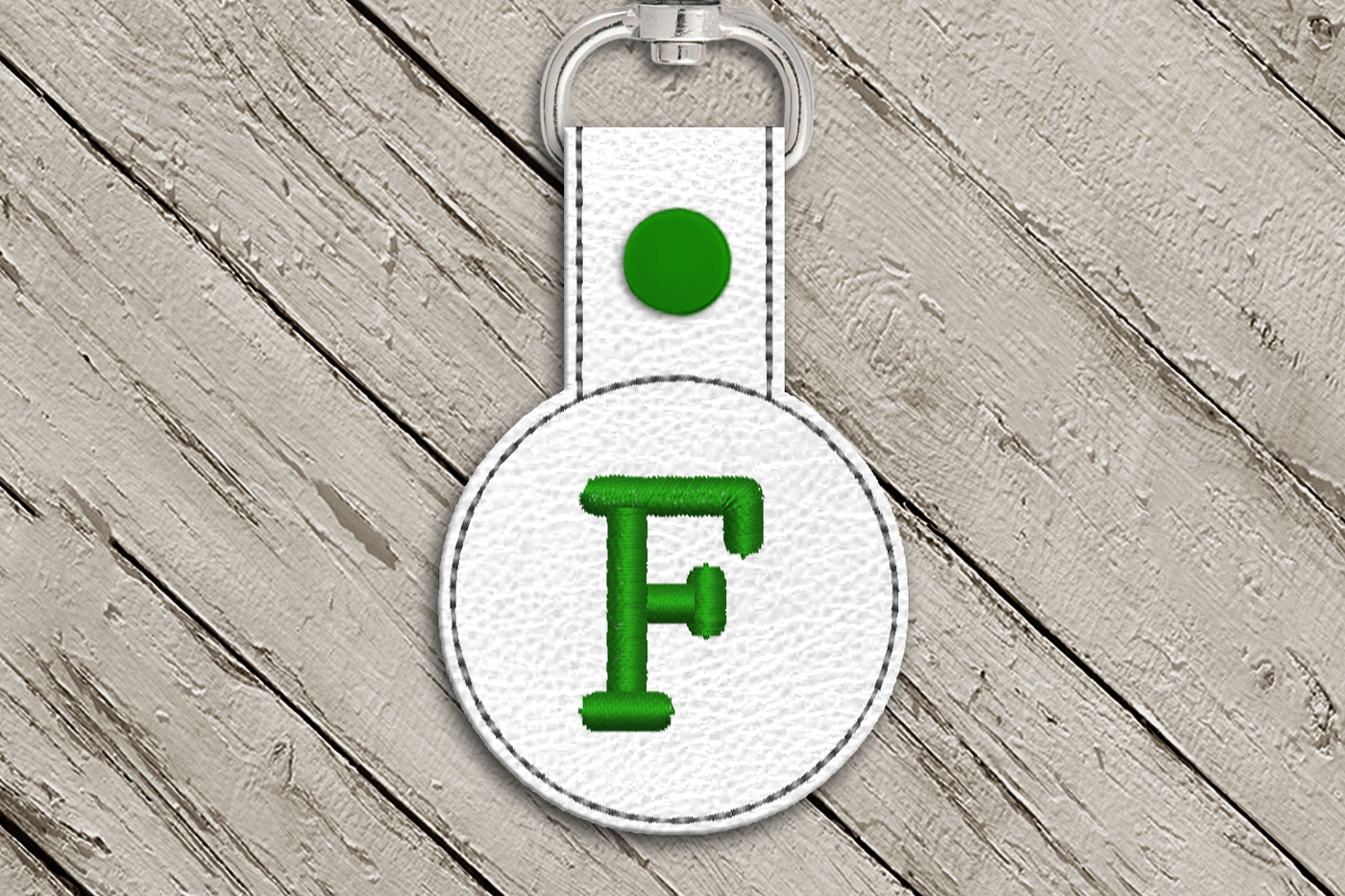 Letter F key fob in the hoop design