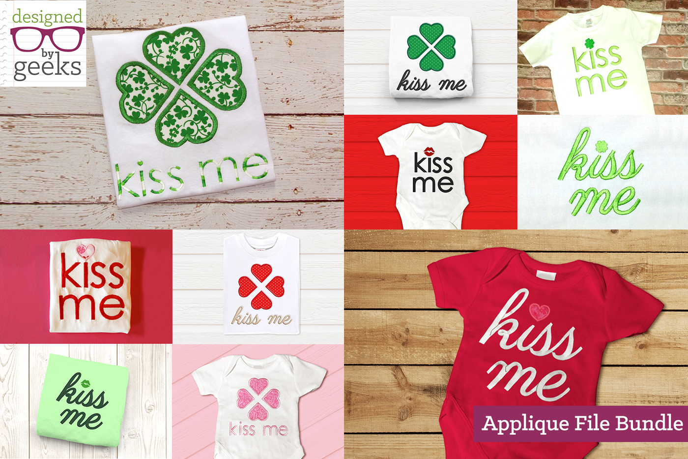 Grid of 10 applique designs. Each has the word "kiss me." Some have hearts, some have clovers, and some have lips.