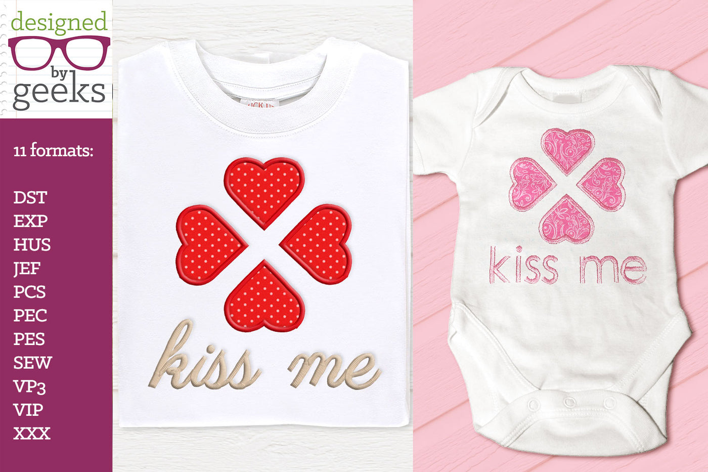 Kiss me applique with 4 large hearts