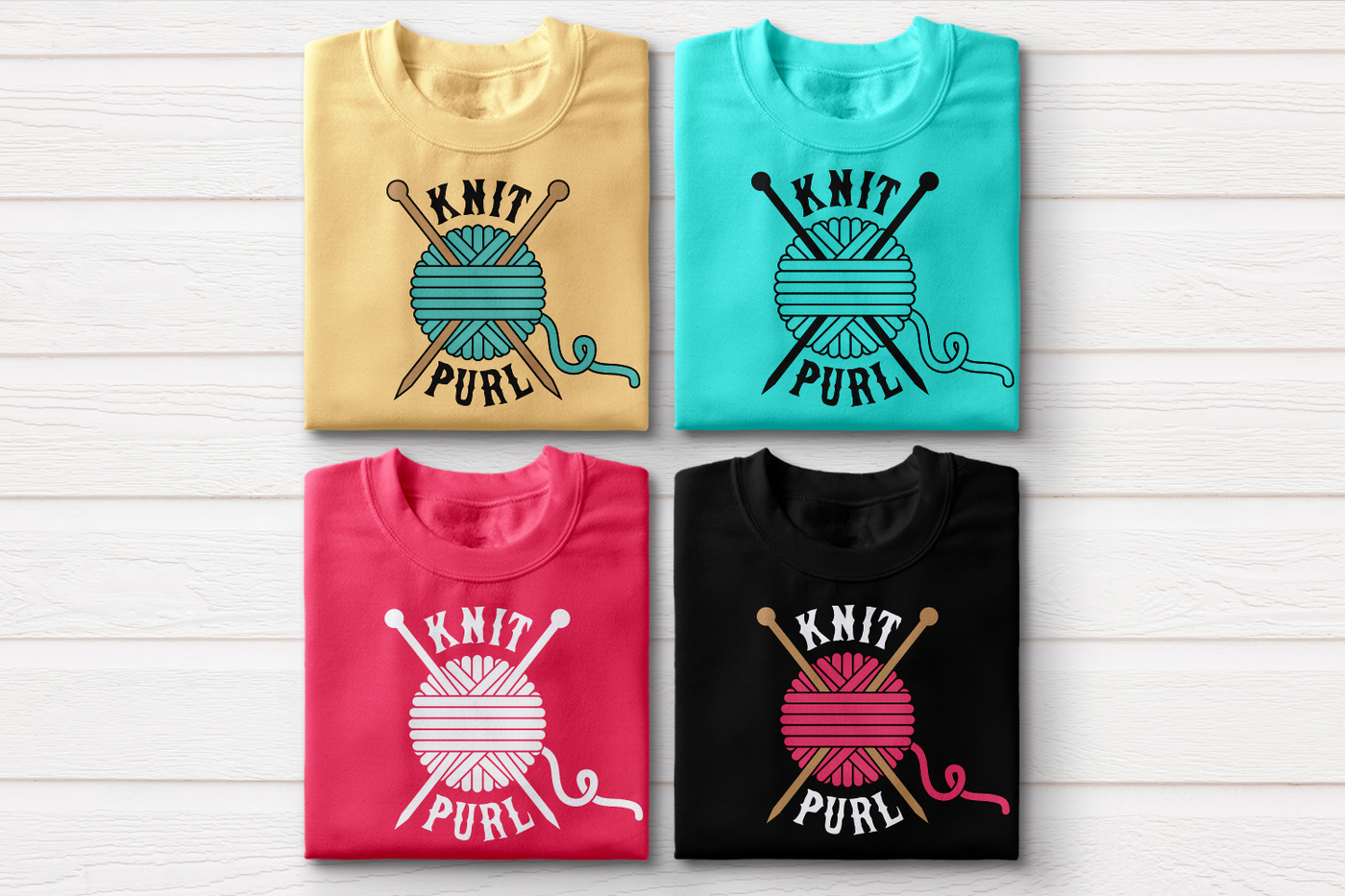 Four folded sweatshirts. Each has a ball of yarn with knitting needs in it and the word "Knit" above and "Purl" below.
