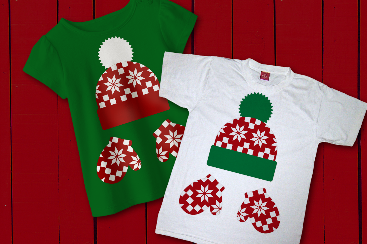 Two tees, each with a winter hat and gloves with a knit-look pattern.