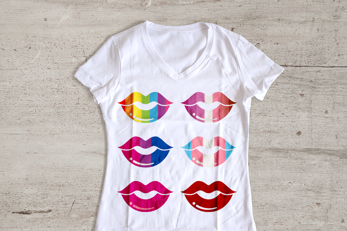 Six lip designs with pride color stripes
