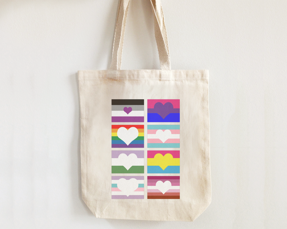 Tote bag with 8 pride flat designs, each with a heart in the middle.