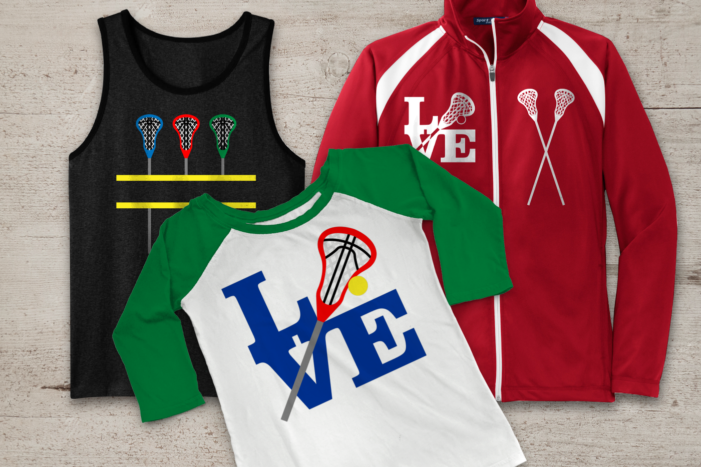 Tank top, track jacket, and raglan tee. The tank has 3 lacrosse sticks with a split, the shirt says "LOVE" with a lacrosse stick for the O, the jacket also has the "Love" design, and has crossed lacrosse sticks as well.