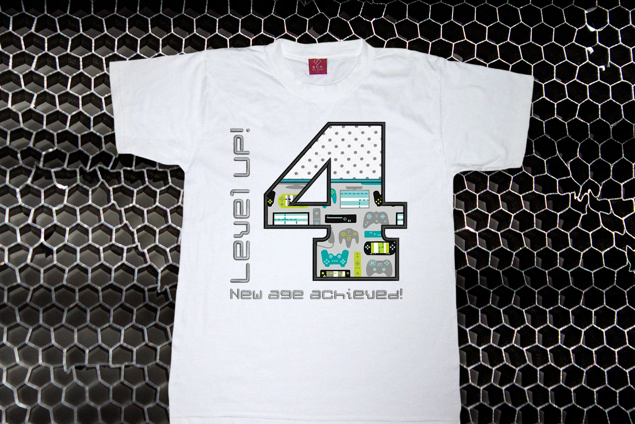 Shirt with large applique 4. Around the number is embroidered "Level UP! New age achieved!"