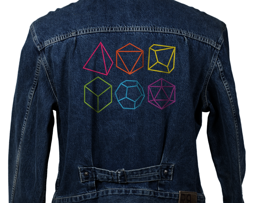 Denim jacket with 6 embroidered linework dice
