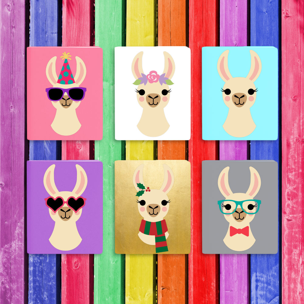 6 notebooks on a rainbow wood background. Each notebook has a different llama from the neck up, accessorized for different events and holidays.