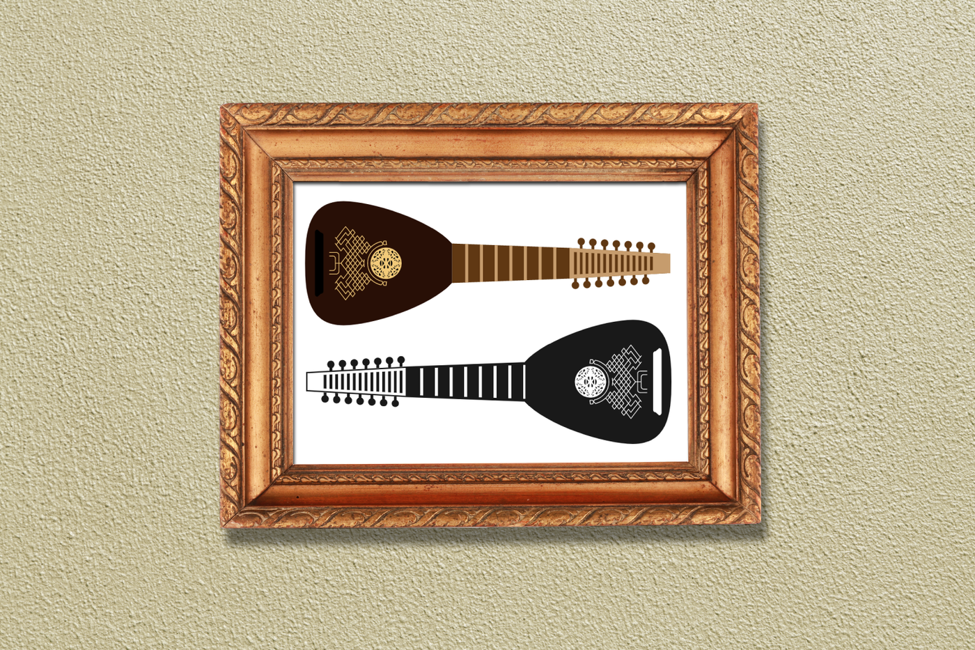 A fancy framed design sits on a beige wall. It has the image of 2 lutes with ornate details.