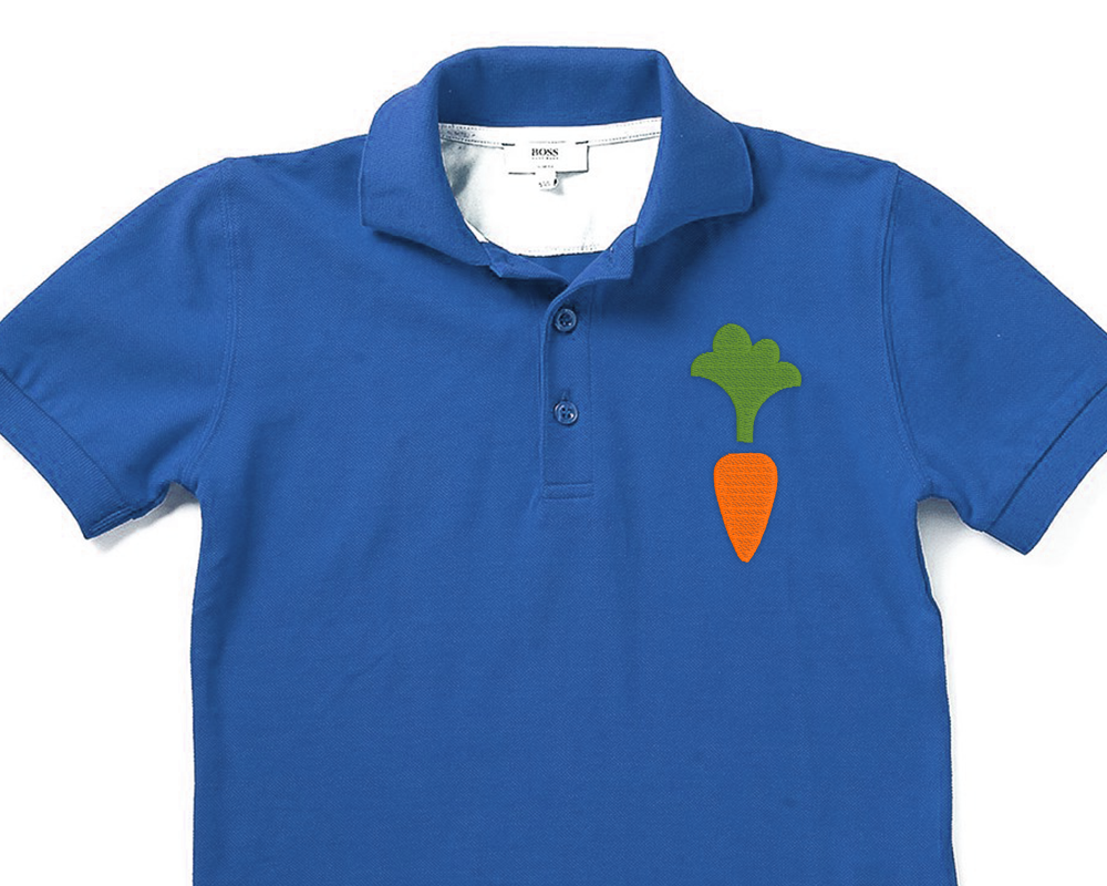 A blue onesie with a cute carrot embroidery.