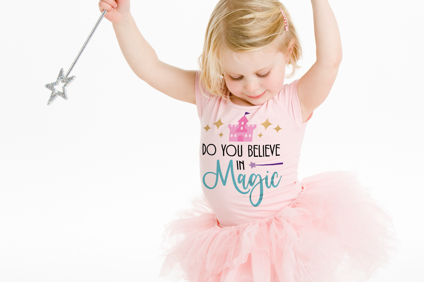 Do you believe in magic text SVG design with a castle and fairy wand