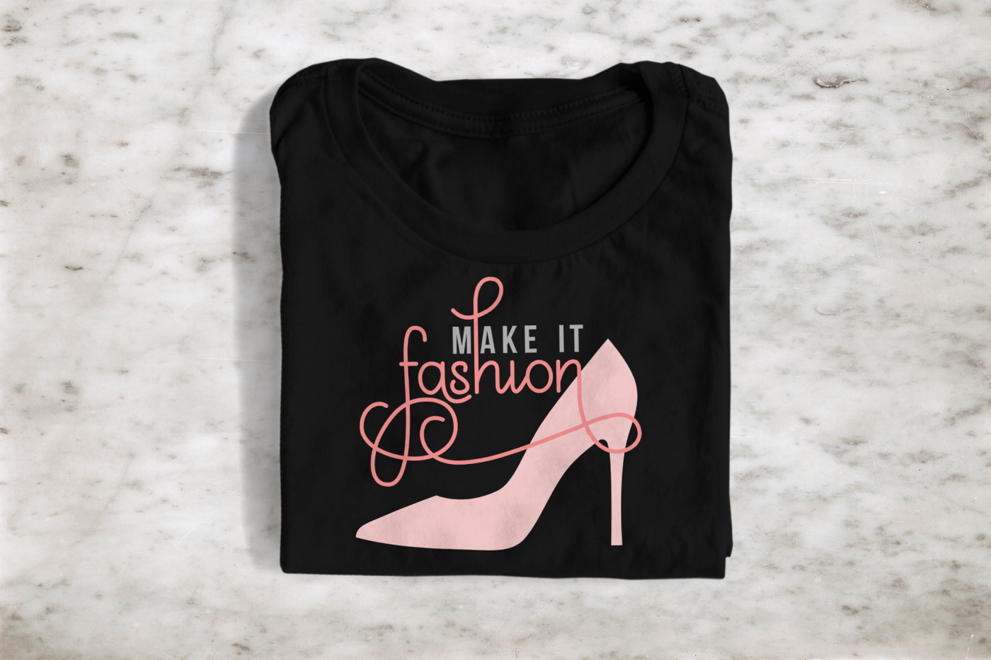 High heel shoe design with the quote "make it fashion"