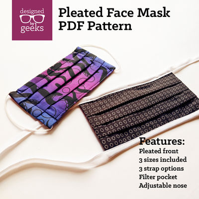 Pleated face mask PDF Pattern. Features: pleated front, 3 sizes included, 3 strap options, filter pocket, adjustable nose.