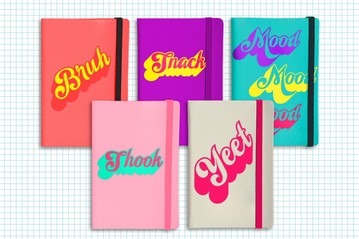 6 notebooks, each with different slang words.