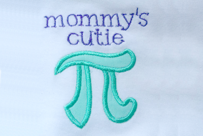 applique of a pi symbol that says "mommy's cutie pi"