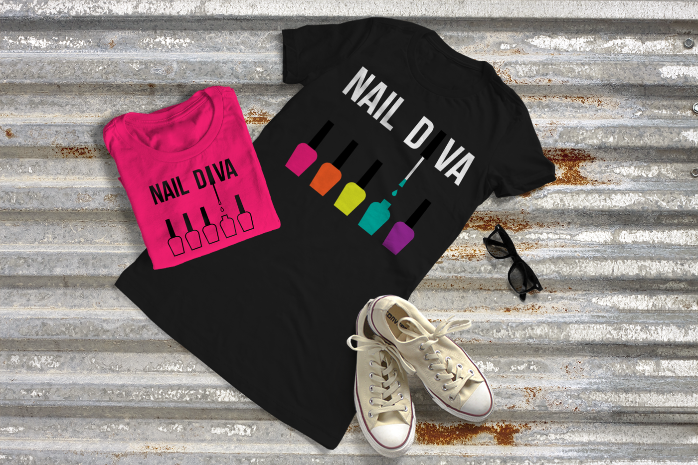 Shirt that says "Nail diva" with 5 bottles of polish.
