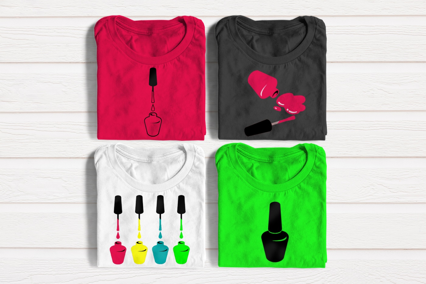 Four shirts with nail polish bottle designs.