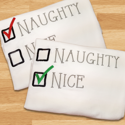 Embroidery design that says "Naughty" and "Nice" with a box next to each. You can choose which gets checked off.