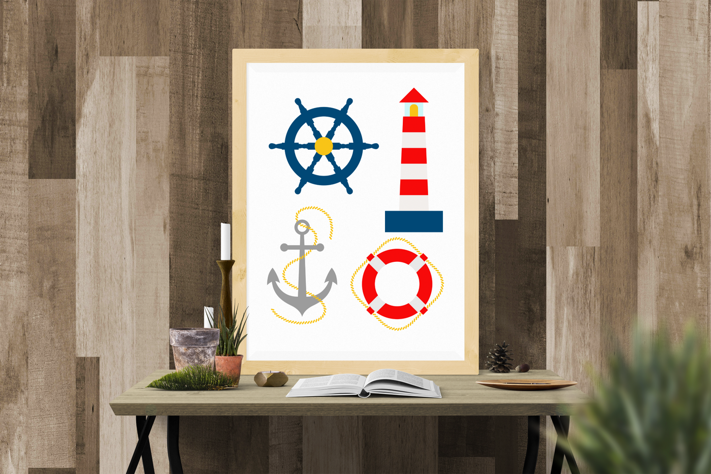 Nautical themed SVG designs. There is an anchor, a life preserver, a lighthouse, and a ship's wheel.
