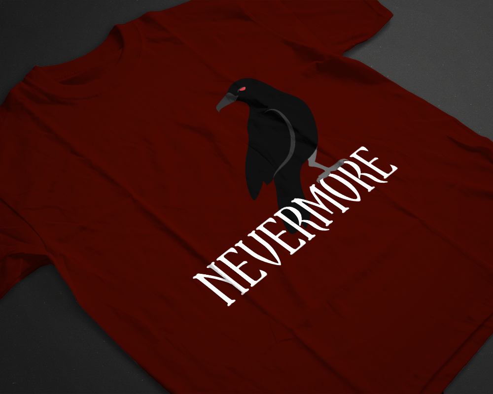 Raven design that says "nevermore" beneath it.