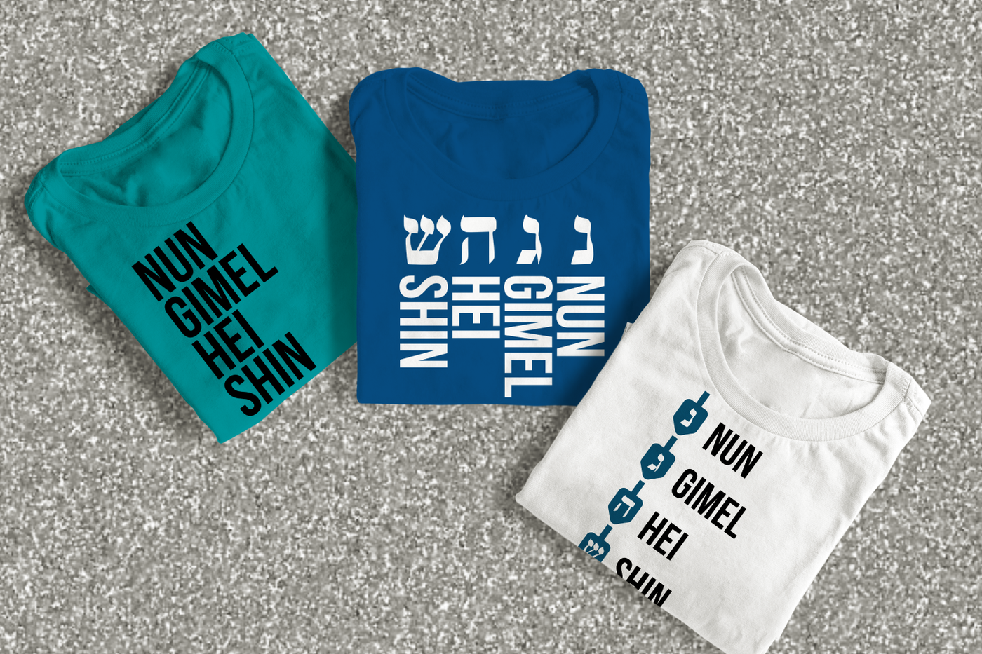 A trio of designs that say "nun gimel hei shin"