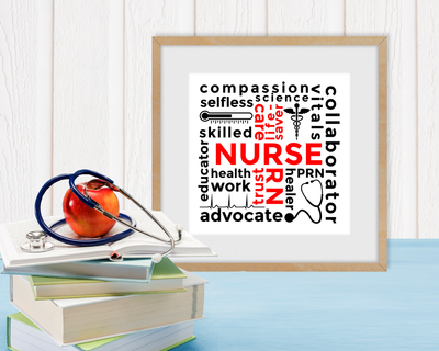 Nurse Poster Subway art design with words and symbols related to nursing. The words in the center form a +.