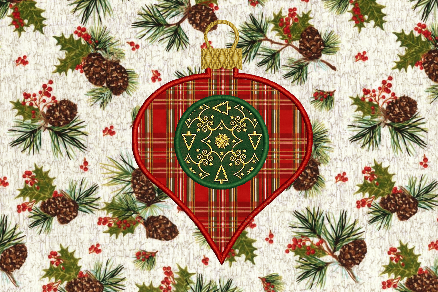Onion shaped ornament applique with a circle in the middle for adding a monogram