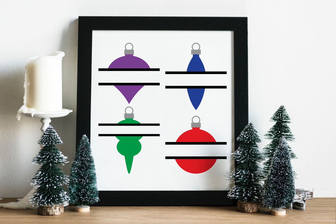 4 Christmas ornament designs with a split in the middle