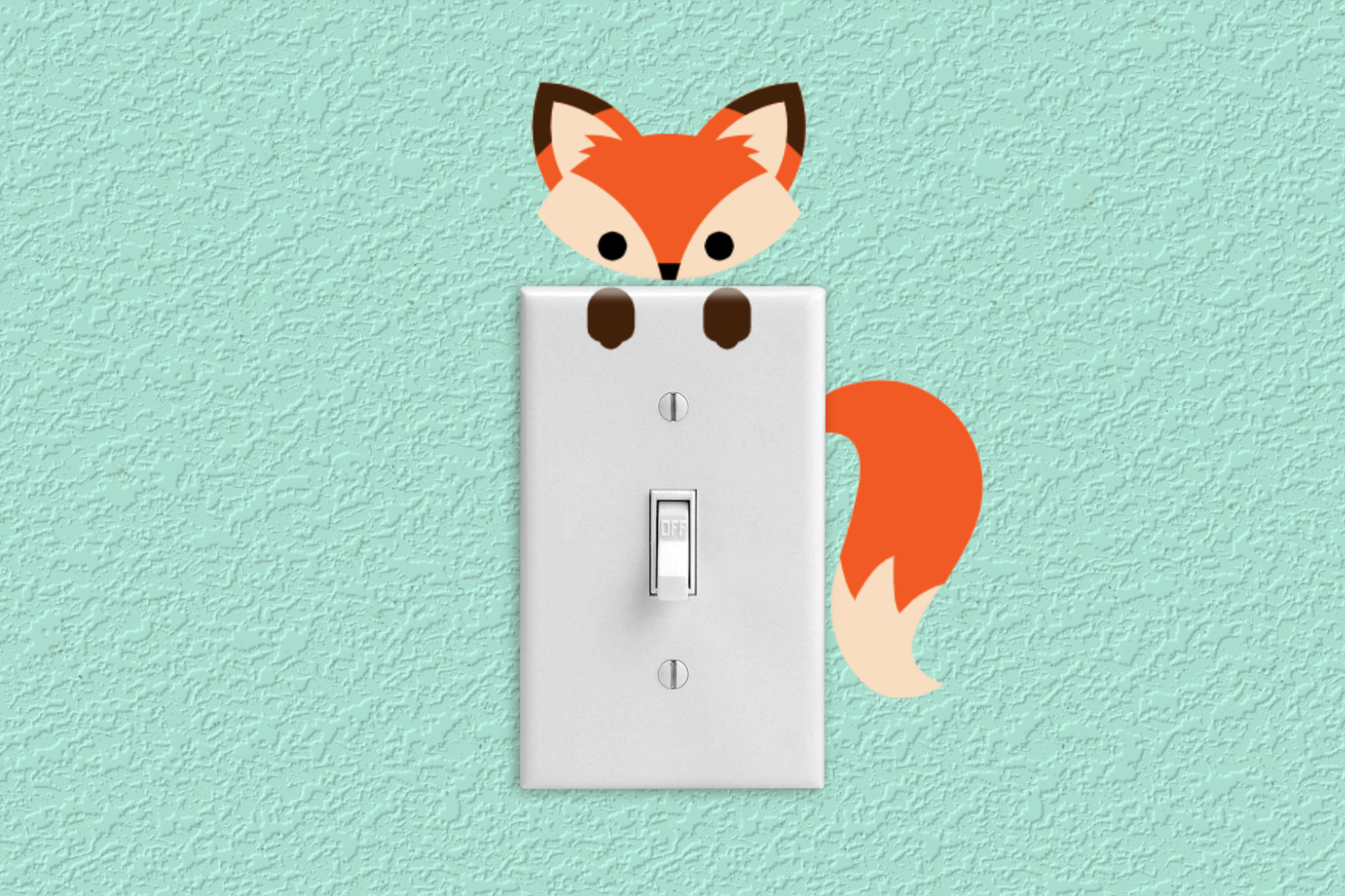 A light switch decorated with a fox peeking out from around it.