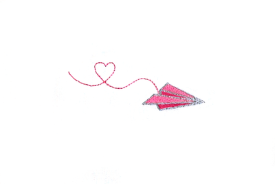 Embroidery design of a paper airplane with a heart trail
