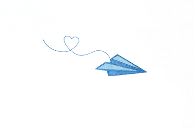 Applique design of a paper airplane with a heart trail