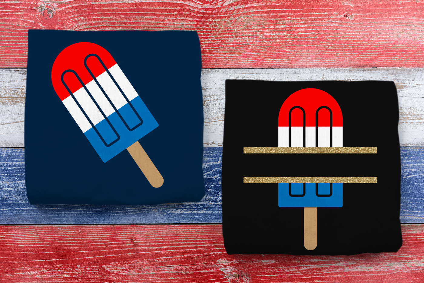Tri-colored popsicle designs show in red white and blue. Both are shown on folded shirts. The design on the right has a split in the middle for adding your own text.
