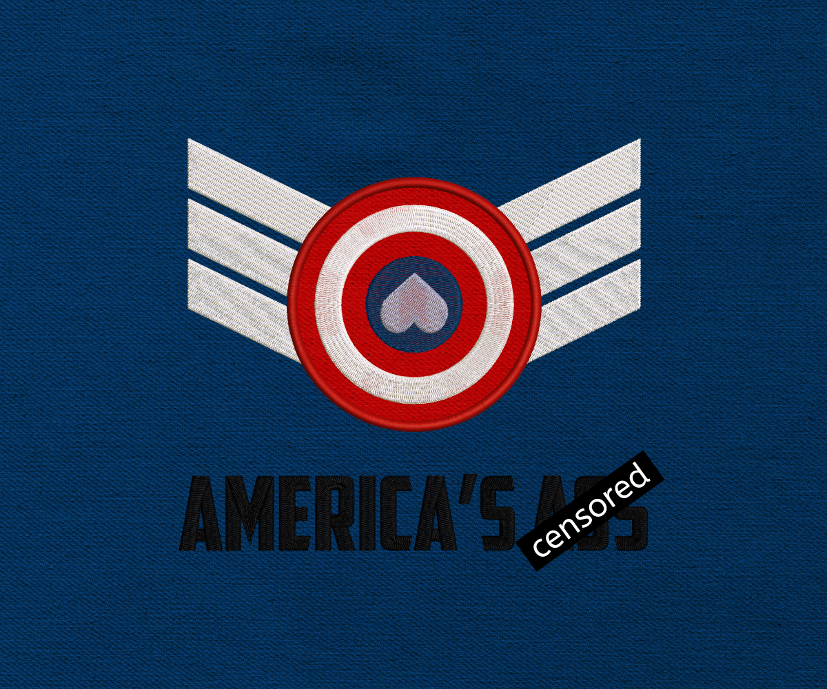 Applique design that says "America's Ass." There is a target symbol with stripes angling out from each side and an upside down heart in the middle.