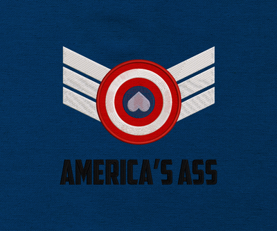 Applique design that says "America's Ass." There is a target symbol with stripes angling out from each side and an upside down heart in the middle.