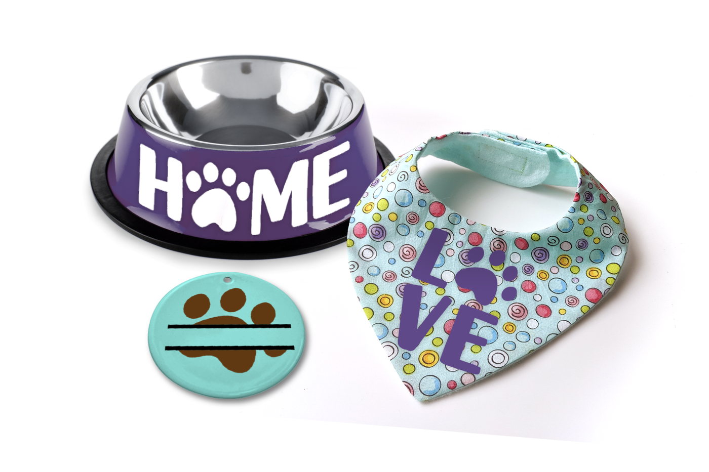Dog bowl that says "home" with a paw print for the O, bandanna that says "LOVE" with a paw print for the O, and an ornament with a dog paw print split design.