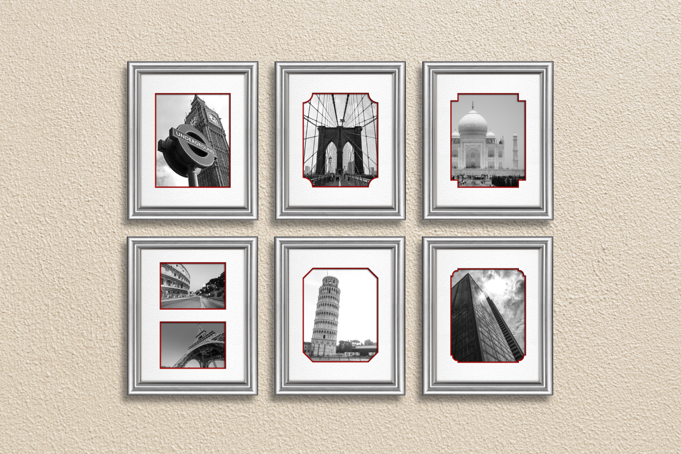 Six framed photos, each with a different photo mat shape