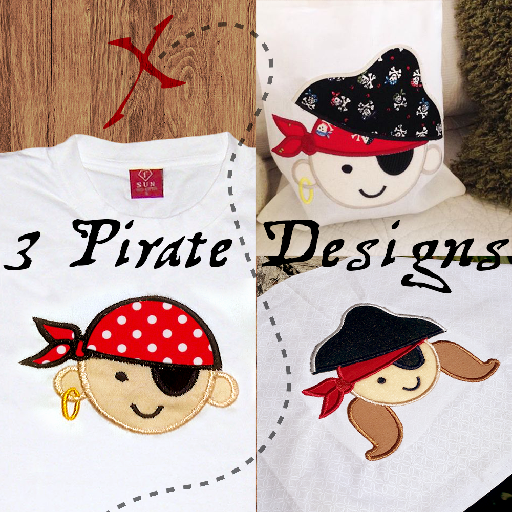3 Pirate applique designs: first  mate, boy captain, and girl captain