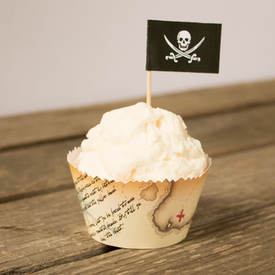 Pirate flag cupcake topper with treasure map wrapper