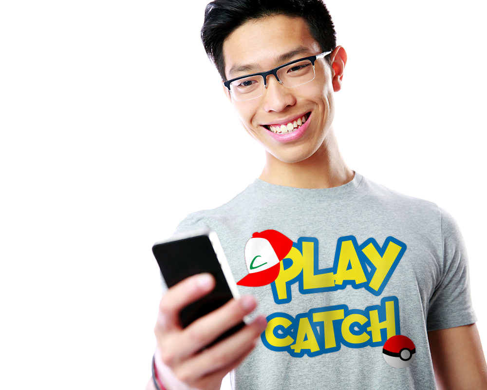 Asian man wears a shirt that says "Play catch" with a red and white ball and a red and white trucker hat.