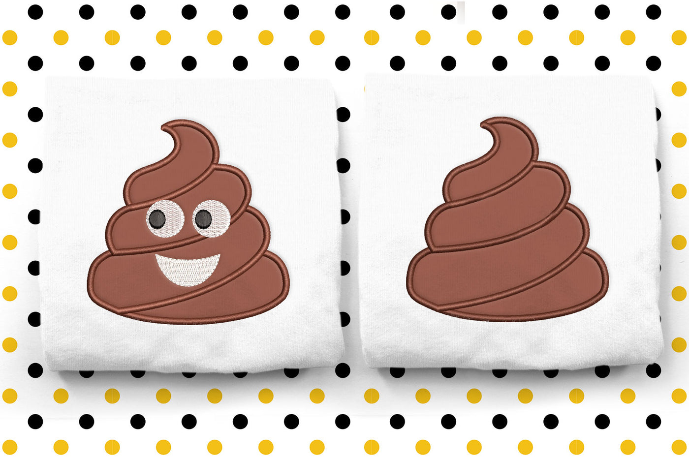 Poop emoji applique embroidery design shwon both with and without a cartoon face